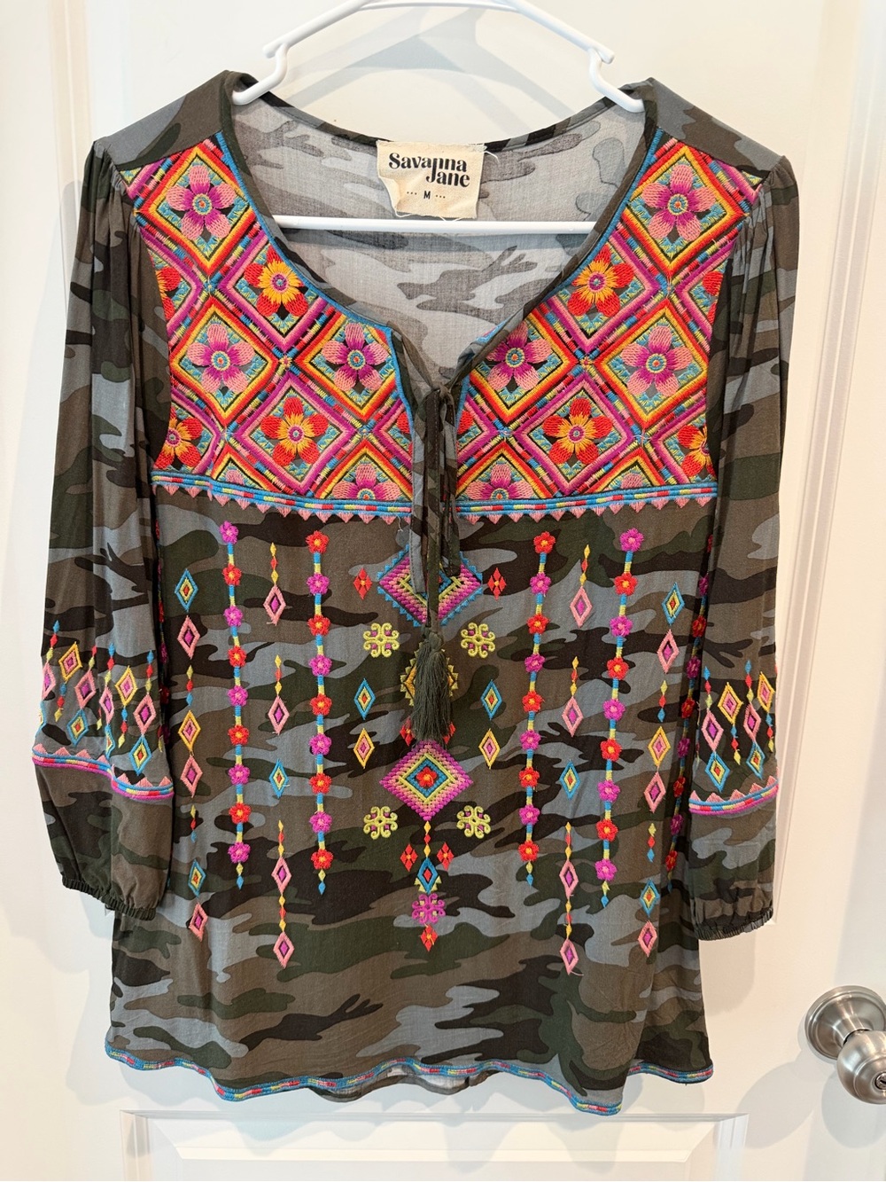Savanna Jane Camo Blouse with Bright Multicolor Embroidery Size Medium